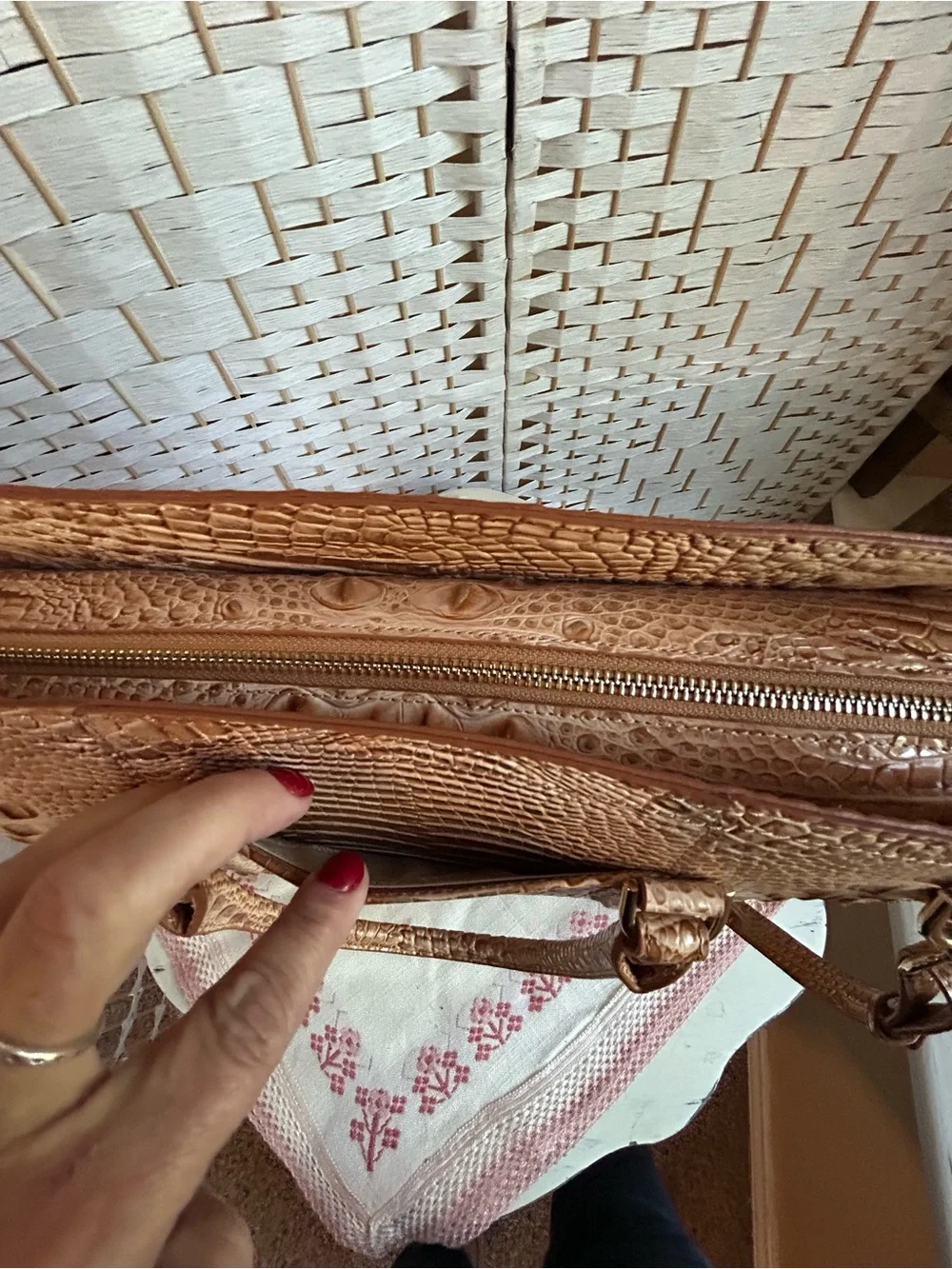 BRAHMIN FINLEY Driftwood Tan Metallic Croc-Embossed Satchel Tote Bag Office